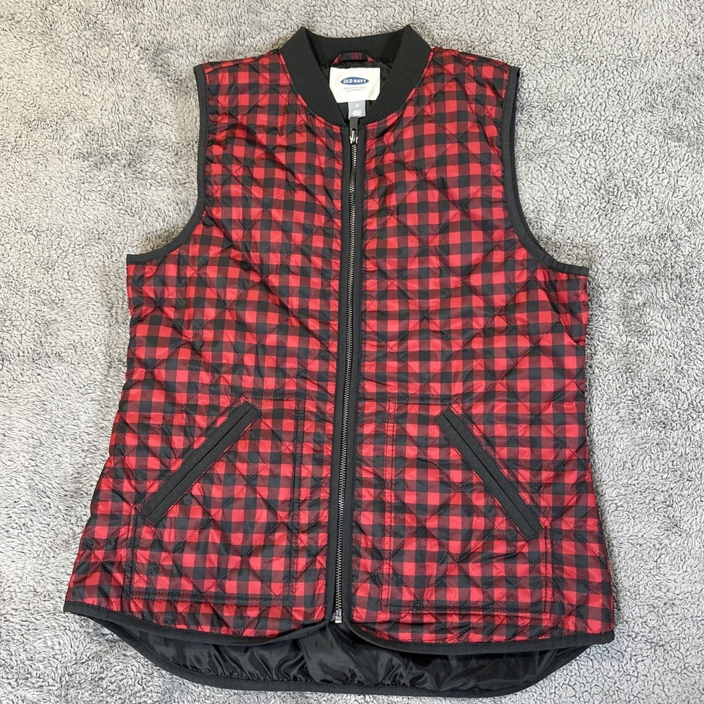 Old Navy Quilted Black & Red Vest Sz M Zip Pockets Sleeveless Puffer Outerwear